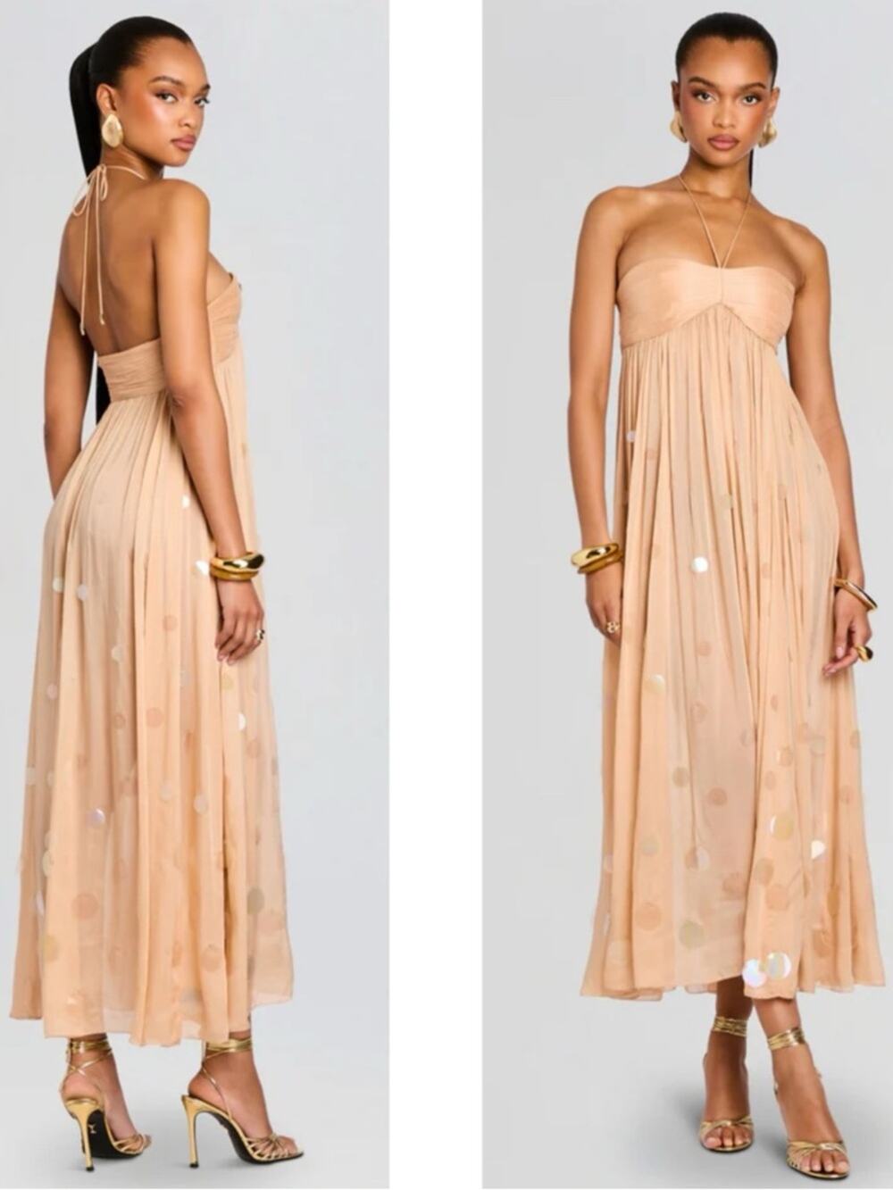 RETROFETE Yanis Sequin Embellished Chiffon Halterneck Maxi Dress Size Small